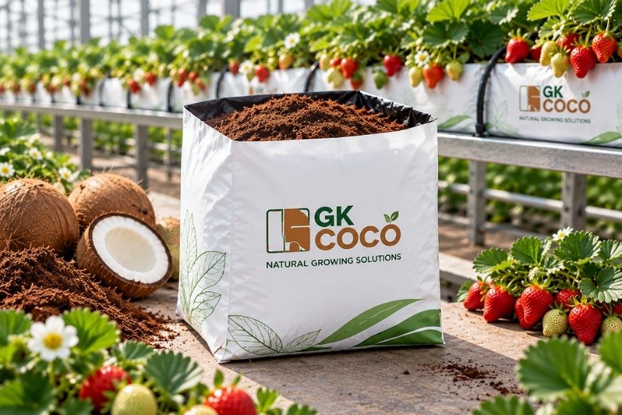 GK Coco grow bags in commercial greenhouse with tomato plants growing