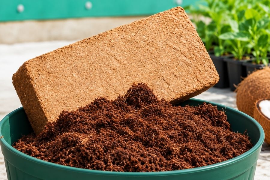 Natural coir peat pith growing medium texture — golden brown substrate