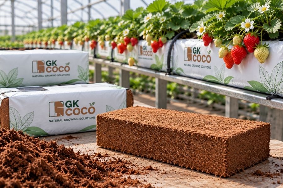 Slab grow bags with plants growing in professional commercial greenhouse