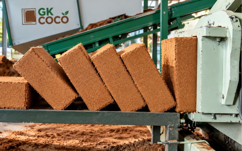 Compressed coir blocks stacked
